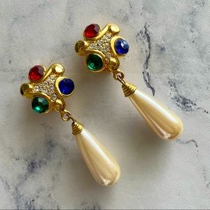 Royal Gold & Red, Blue, Green Crystal Gemstone Pearl Drop Woman’s Clip Earrings